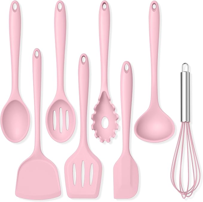 TeamFar Silicone Cooking Utensils Set, 8 PCS Kitchen Utensils Set, Pink | 446°F Heat Resistant Turner, Spatula, Spoon, Whisk, Kitchen Cooking Gadgets Tools, for Nonstick Cookware, Dishwasher Safe