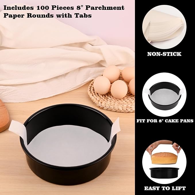 HUAKENER 8 Inch Cake Pan, 3Pcs Round Cake Pan with Parchment Paper | Carbon Steel Cake Baking Pans with 70 Pieces Parchment Paper, Non-stick Cake Baking Pans, Dishwasher Safe