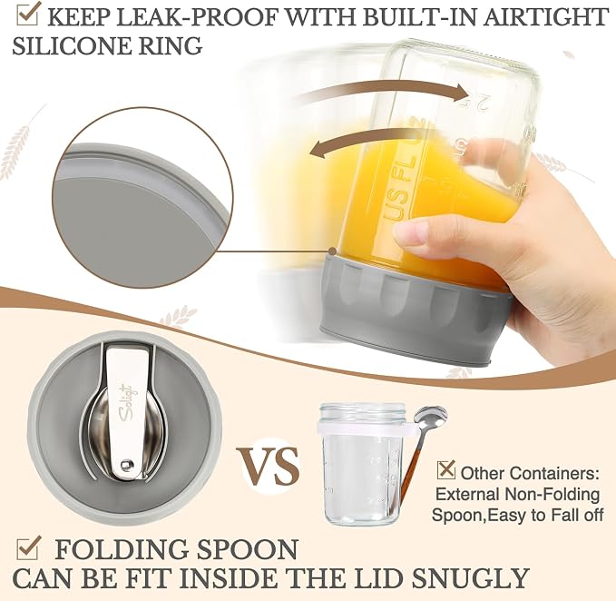 SOLIGT 4 Pack Overnight Oats Containers with Lids, Folding Spoons and Divided Compartments for Fruit & Nuts, Small Glass 16oz Mason Jars for Oatmeal Yogurt Parfait | Folding Spoons and Divided Compartments for Fruit&Nuts, Small Glass 16oz Mason Jars fo...