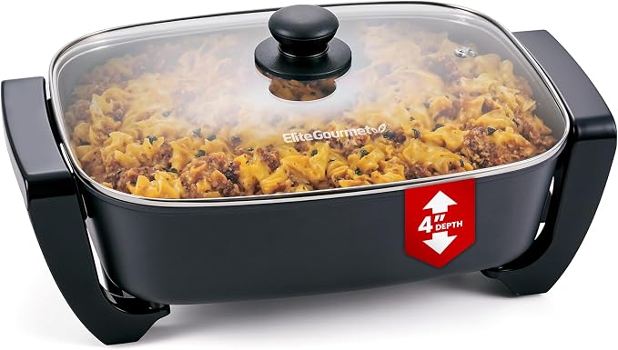 Elite Gourmet Ceralast Ceramic Electric Skillet, 12.5Qt, Black/Gray | Xtra-Deep 4" Dish, 15"x12" PFAS-Free Surface, 1500W Rapid Heat-Up, Tempered Glass Vented Lid, Dishwasher-Safe
