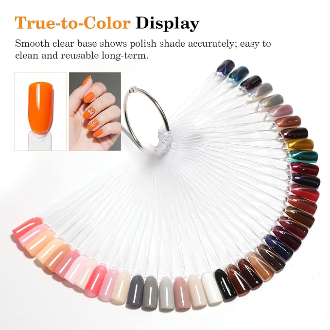 PEACECOLOR 50 Pcs Nail Swatch Sticks with Ring, Nail Color Swatches Display Kit with 60 Blank Number Sticker & Protective Container Box - Clear Fan-Shaped Swatch for Nail Art Practice Home and Salon