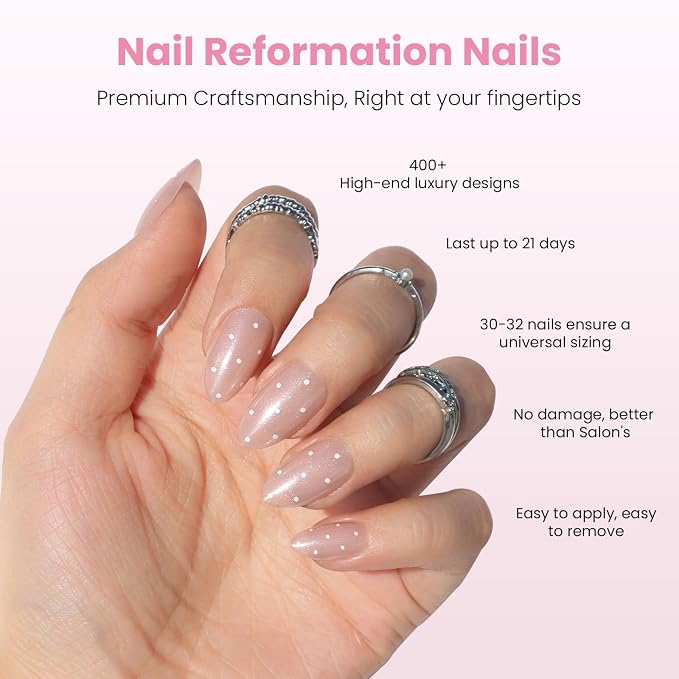 Nail Reformation Press On Nails, Milk Dots | Polka Dot Short Almond 32 Pcs | 16 Sizes Fake Nails on Pink Shimmer Base in Glossy Finish, Reusable Stick On False Nail Kit with Glue, Gifts for Women