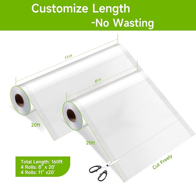 Vixino Vacuum Sealer Bags for Food, 8 Pack 4 Rolls 11" x 20' + 4 Rolls 8" x 20' Commercial Grade Vacuum Seal Bags Rolls, BPA Free, Customizable Size for Sous Vide, Freezer