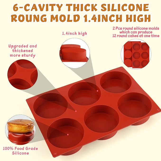 4Inch Round Silicone Mold for Baking, 2Pcs Silicone Muffin Top Pans for Baking Muffin Top, Whoopie Pie, Sandwiches, Hamburger (2Pcs(1.4Inch Deep))