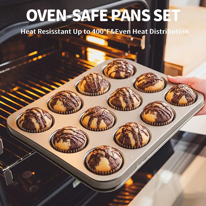 Terlulu 10-Piece Baking Pans Set, Bakeware Sets Nonstick, Baking Set for Oven Cooking, Stackable Carbon Steel Pans Include Cookie Sheets, Muffin Pan, Cake Pan, Pizza Pan, Loaf Pan, Roasting Pan, Gold
