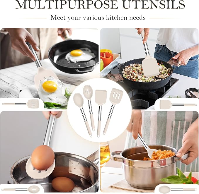 TeamFar Kitchen Utensils, 4 PCS Silicone Cooking Utensils Spatula Spoon Set | with Stainless Steel Handle, for Frying Mixing Draining Turning, Healthy & Heat-proof, Non-stick & Dishwasher Safe - Khaki