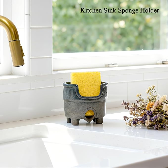 Ceramic Sponge Holder with Drainage，Farmhouse Sink Caddy | Self Draining Organizer for Sponges, Soap, Brushes. Compact Rustic Kitchen Accessory Keeps Counter Dry & Tidy. Country Blue