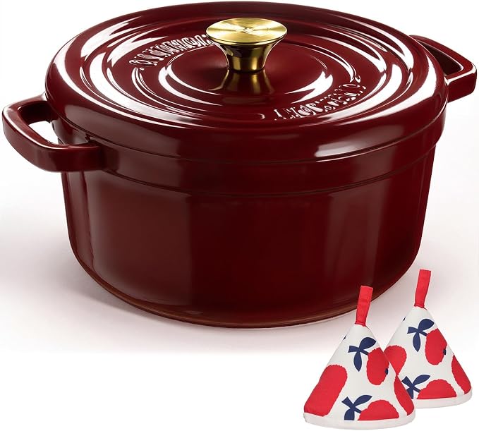 Overmont Enameled Cast Iron Dutch Oven - 5QT Pot with Lid Recipe Potholders | Pre-Seasoned Dutch Oven with Moisture-Sealing Lid, Oven Safe to 500°F, Heavy-Duty Cookware for Braising Stews Roasting Baking