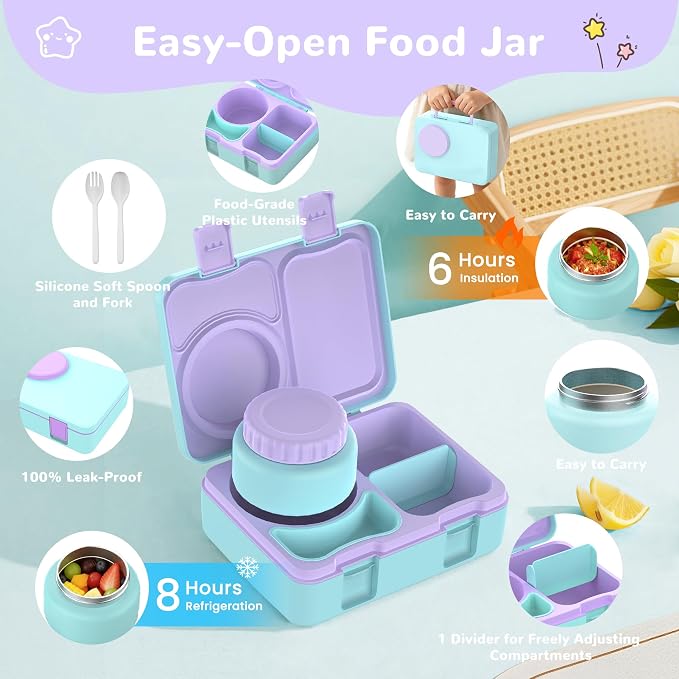 Bento Lunch Box for Kids Adult, Leakproof 3-4 Compartment Bento Box Set with Insulated Food Jar,Water Bottle, Lunch Bag, School Lunch Container for Toddler Teen Girls Boys Ages 3+(Gradient)
