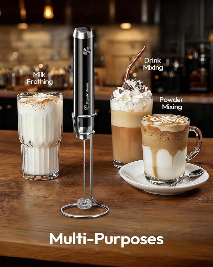 Maestri House LunaFro Rechargeable Milk Frother,Stand & 2 Detachable Whisks | 8000RPM Turbo Motor, 1200mAh lithium battery, Handheld Milk Frother for Lattes, Cappuccino, Matcha & Powdered Supplements