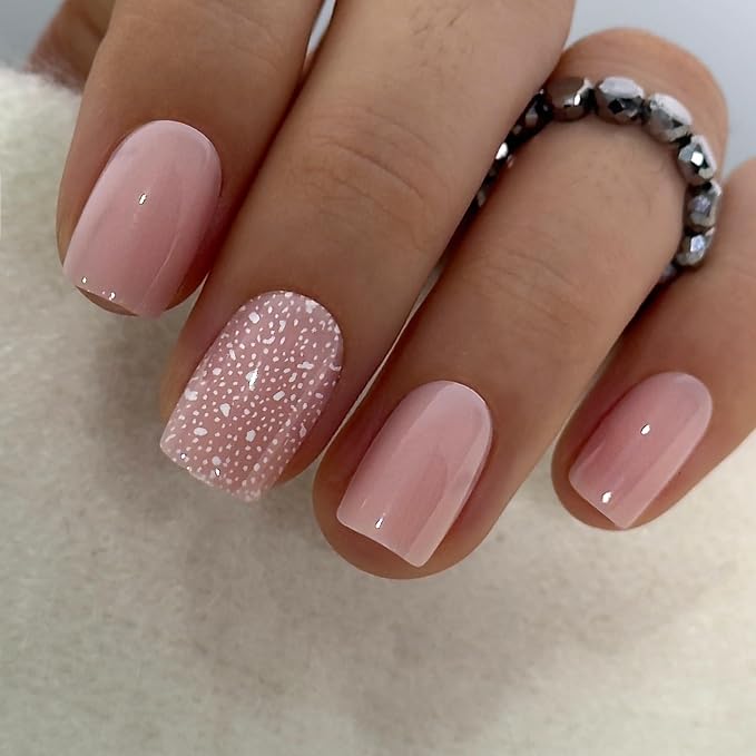 CurvLife Short Square Snowflake Design Press On Nails, Glitter Pink | 32PCS, 16 Sizes, Salon-Quality Natural Fake Nails, Curved Fit, 7-14 Day Glue-On Wear, Reusable Stick-On Nails, Press-On Kit