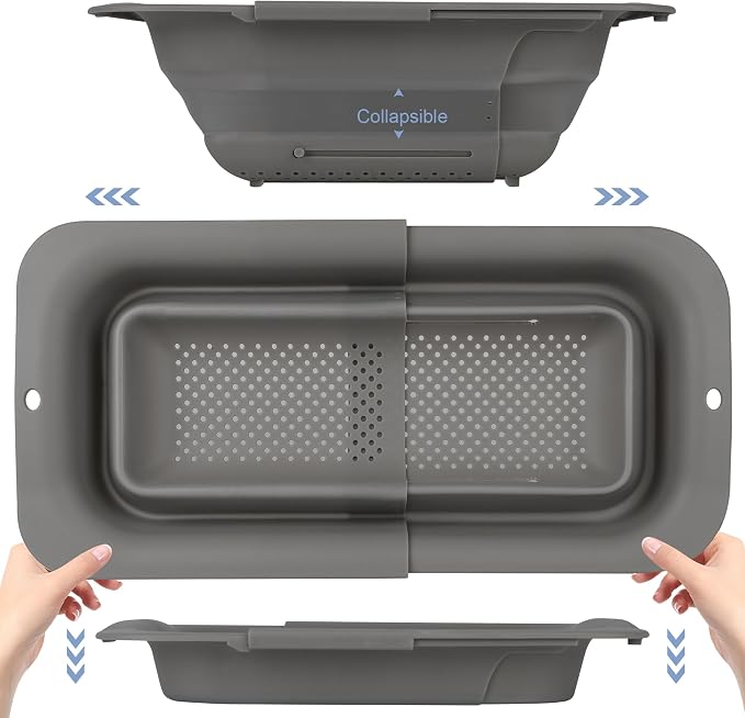 ROTTOGOON 7Qt Collapsible Colander Strainer, Expandable Over the Sink Colander, Adjustable Silicone Kitchen Sink Strainer, Foldable Large Colanders Basket to Wash Vegetable, Fruit, 15" to 19.8"