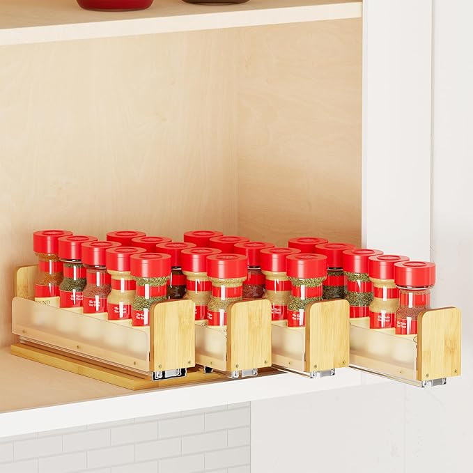 SpaceAid Bamboo Pull Out Spice Rack Organizer for Cabinet, Heavy Duty Slide Out Seasoning Kitchen Pantry Sliding Vertical Organization, 10.1" Wide, 4 Drawers(2" Wide), 1-Tier, Natural