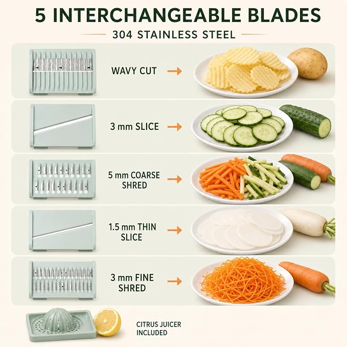 5-Blade Salad Spinner, Mandoline Vegetable Slicer and Juicer, White | 304 stainless steel blades for slicing, shredding and crinkle cuts, with lettuce dryer basket, egg separator and food holder