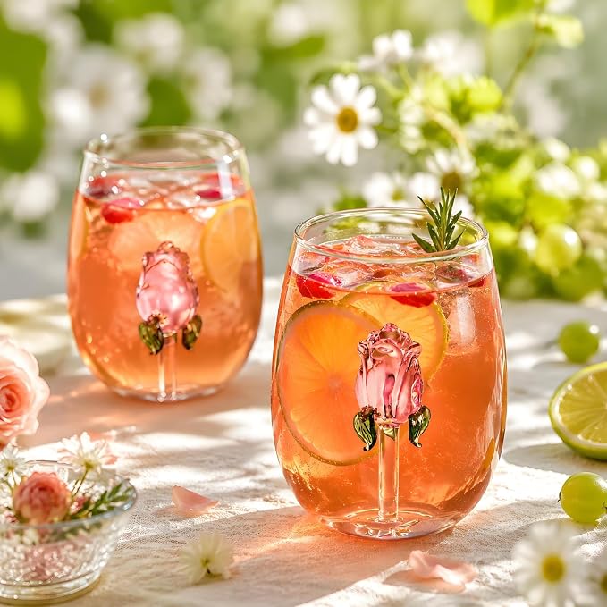 Pumtus Set of 2 Stemless Wine Glassware with Rose Inside, 20 OZ Large Stemless Floral Wine Glasses, Unique Short Wine Tumbler, Romantic Fancy No Stem Beverage Cup for Lover Gift, Wedding, Bar