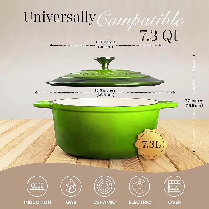 Cast Iron Dutch Oven with Lid-Non-Stick Ovenproof Enamelled Casserole Pot - Sturdy Dutch Oven Cookware - Green, 7.3- Quart, 30cm- by Nuovva