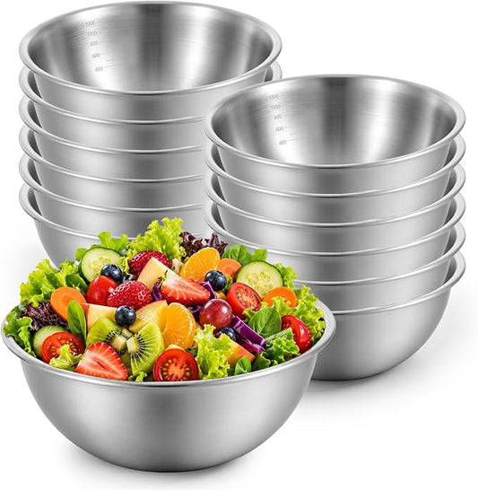 12 Pcs Stainless Steel Mixing Bowls with Graduations, 1.27QT Stainless Steel Bowls, Nesting Metal Prep Salad Bowl, Metal Serving Reusable Baking Food Storage Containers Kitchen Cooking(7.5 x 3 Inch)