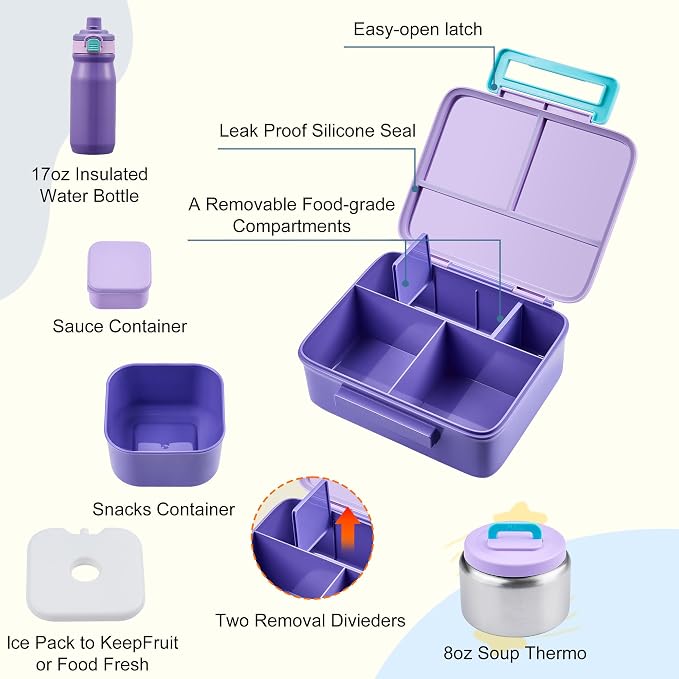 MAISON HUIS Bento Box for Kids with 8oz Soup Thermo, Leak-proof Lunch Food Containers with 5 Compartment, Insulated Lunch Bag & 17oz Stainless Steel Water Bottle for School, Trvael