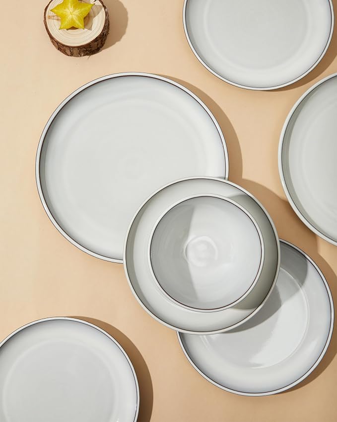 16 Piece Double Bowl Dinnerware Sets with Pasta Bowls, Highly Chip and Crack Resistant Plates and Bowls Sets, Natural Earthyware Ceramic Dishware Sets, Service for 4 Moonstone White