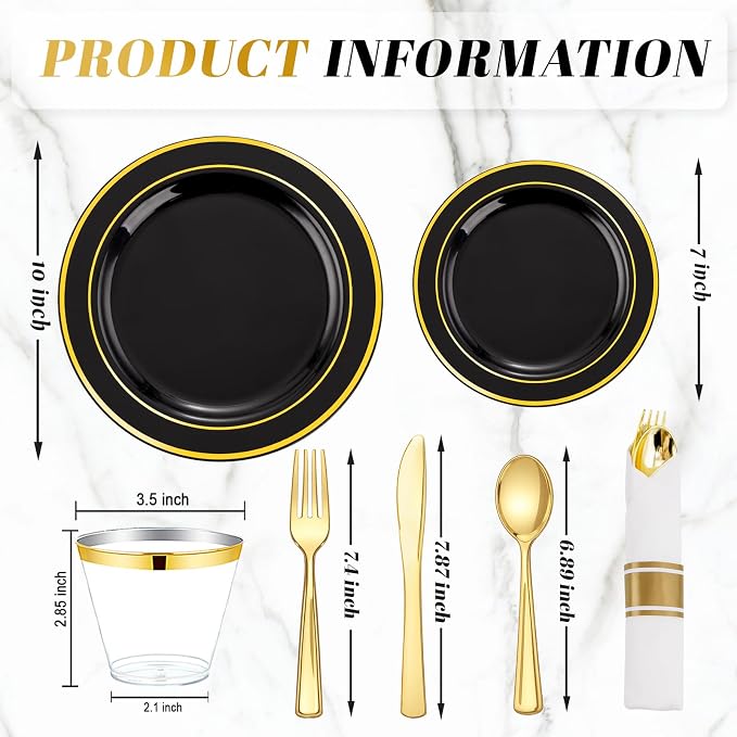 175PCS Black and Gold Plates - Black Disposable Plates for Party - 25Guests Disposable Dinnerware Set for Wedding/Party/Birthday/Halloween