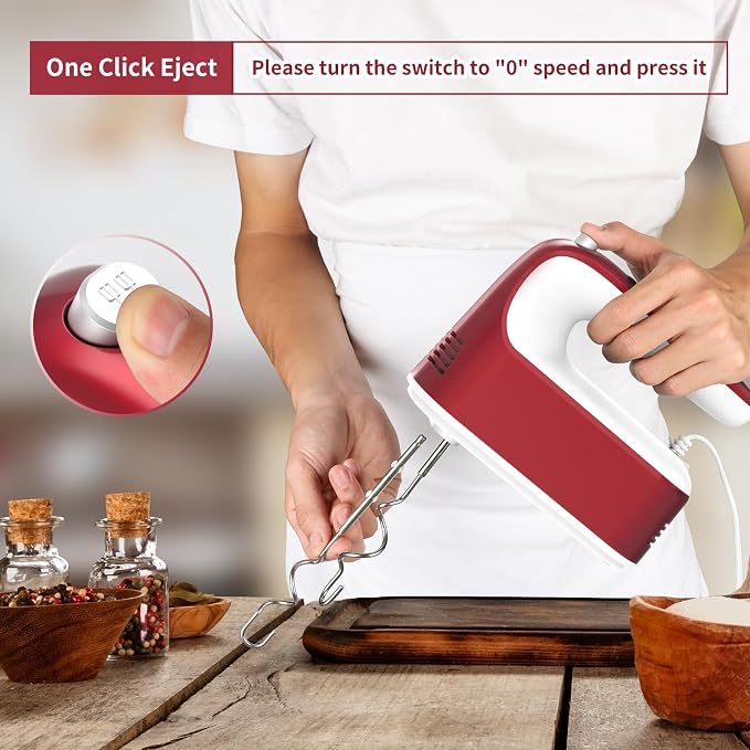 Yomelo 9-Speed Digital Hand Mixer Electric, 400W Powerful DC Motor, Hand Mixer Electric Handheld with Snap-On Storage Case, 5 Stainless Steel Accessories, Beaters, Dough Hooks, Whisk(Red/White)