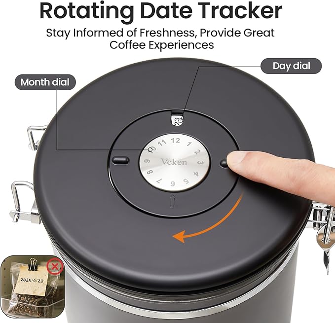 Veken Coffee Canister, Airtight Stainless Steel Food Storage Container,22OZ | Date Tracker, Kitchen Jars for Beans,Ground, Espresso, Rice,Tea, Sugar,Cereal,Cookie, Bar Accessories,Gifts, Lids, Scoop,Gray