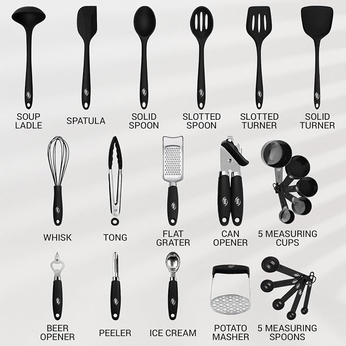 Kaluns Silicone Kitchen Utensils Set 24 Pcs Silicone Cooking Utensils Set - Can Opener, Masher, Turner, Spatula 446°F Heat Resistant Non-Stick - Premium Utensil Set