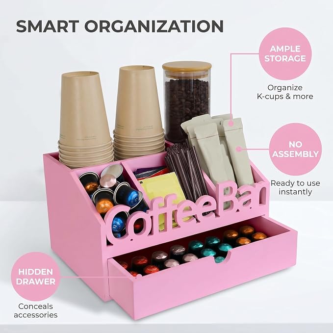 Coffee Bar Organizer Countertop, Wood Coffee Station with Drawer, Pink | K-Cups, Tea Bags, Sugar Packets & Creamers