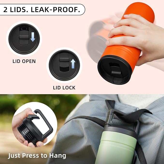 BJPKPK 20 oz Insulated Travel Water Bottle, Coffee Tumbler Stainless Steel | Double Wall Vacuum, Leakproof, Thermal, Keeps Hot/Cold, BPA Free, Dishwasher Safe, Spill Proof, Wide Mouth, 2 Lids, Orange