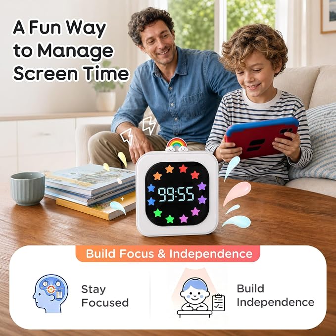 Digital Visual Timer for Kids with 12-Star Rainbow Display & 9 Color Modes | 99-Minute Count-Up & Countdown Timer with Silent Mode & Pause for Classroom, Home, Kitchen, Rechargeable, Blue