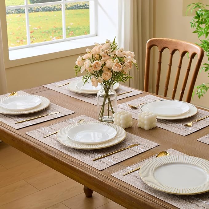 Wracra Cotton Linen Place Mats, Brown Embroidered Placemats Set of 8 | Placemats 12 x 18 Inch; Cotton Linen Woven Fabric; Heat Resistant Table Mats; Raised Embroidered Hollow Design