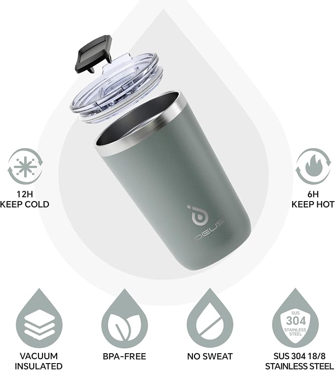 Ideus 20 oz Tumbler, Travel Coffee Mug with Splash Proof Sliding Lid, Double Wall Stainless Steel Vacuum Insulated Coffee Mug for Home and Office, Keep Beverages Hot or Cold, Gray