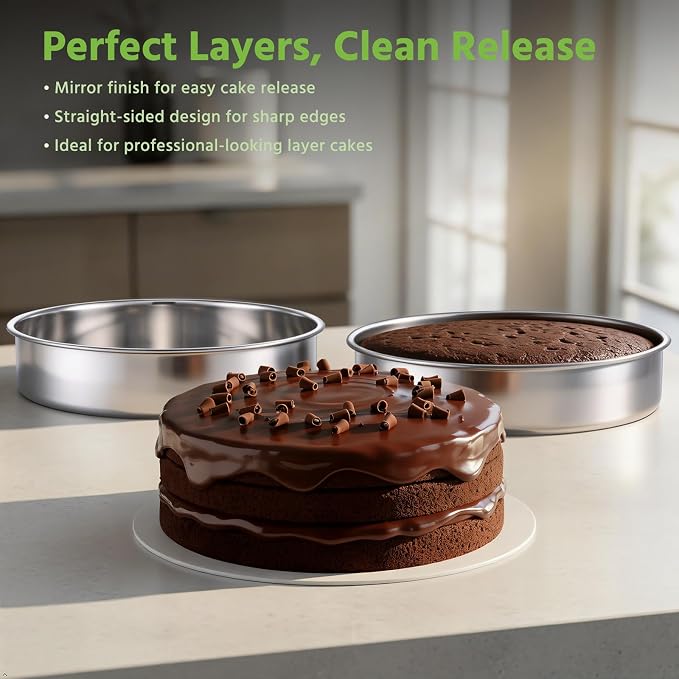 E-far 9 Inch Cake Pan Set of 3, Non-toxic Stainless Steel Round Cake Tins | Ideal for Birthday Wedding Layer Cake, Healthy, Mirror Finish, Dishwasher Safe