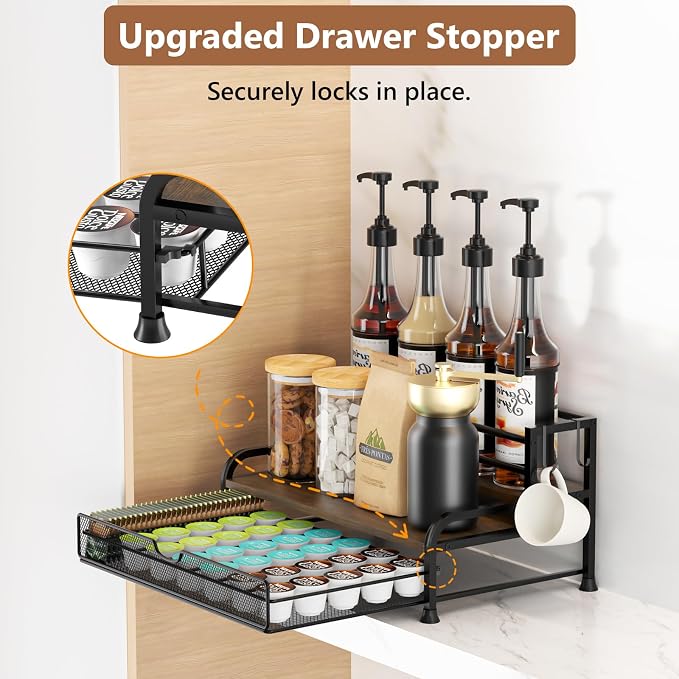 Coffee Syrup Rack Organizer, with Anti-Fall K-Cup Pod Holder Drawer | Black Metal Rack for 8 Syrup Bottles, Countertop Bottle Holder Stand for Wine, Space-Saving Design for Kitchen Cafe Station