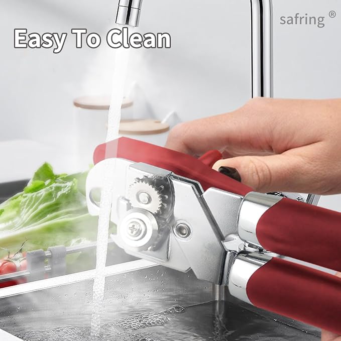 Safring Can Opener Manual, Handheld Strong Heavy Duty Stainless Steel Can Opener, Comfortable Handle, Sharp Blade Smooth Edge, Can Openers with Multifunctional Bottle Opener, Red
