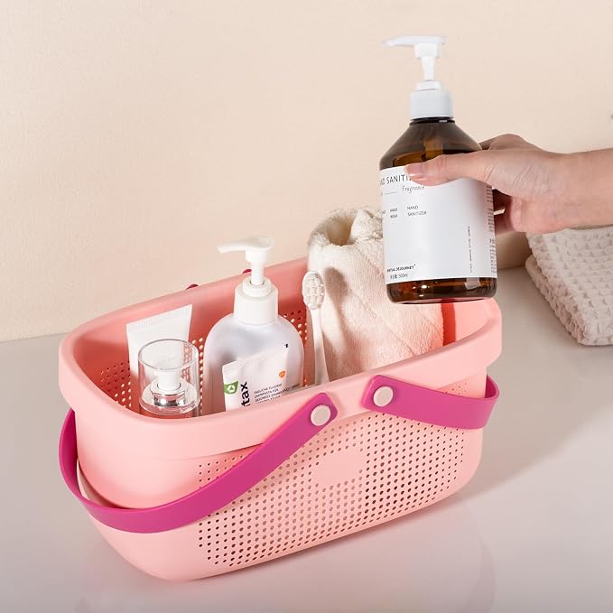Portable Shower Caddy Basket with Handles Plastic Storage Basket Light Pink | Sturdy Drainage Large Capacity Organizer Basket with Silicone Handles for Bathroom Kitchen Bedroom College Dorm Essentials