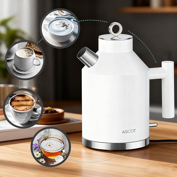 ASCOT Electric Kettle, Plastic-Free Stainless Steel Tea Kettle 1.5L 1500W Retro Tea Heater & Boiling Water, Auto Shut-Off and Boil-Dry Protection (White)