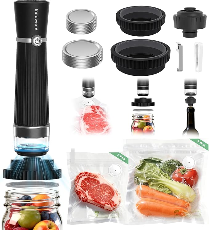 3-in-1 Compact Handheld Vacuum Sealer for Food (Bag, Mason Jar,Wine Bottle) | Innovative Design, 6X Preservation & Fresh, Portable Sealer Machine with 14 Reusable Bags, 14 Mason Jar Lids, Wine Stopper