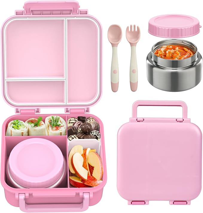 Kids Bento Lunch Box with Soup Thermo (9oz)– Hot & Cold Lunch Container with Leak Proof Insulated Food Jar for School Girls Boys, Ideal Size for Ages 3 to 7, Pink