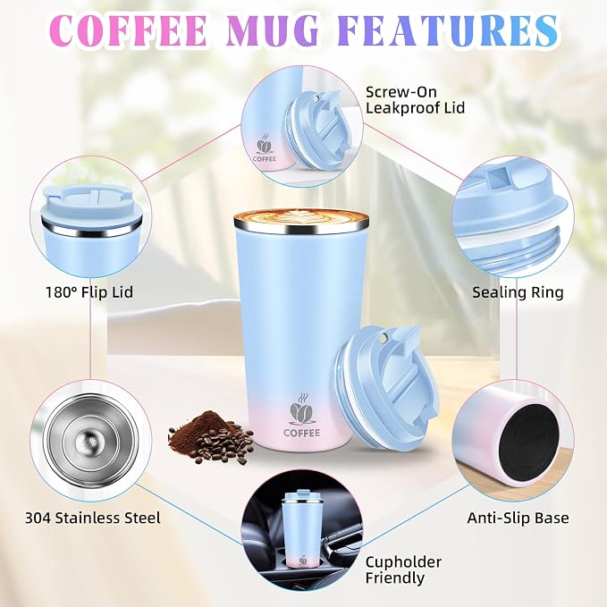 17oz Insulated Travel Coffee Mug with Flip Lid – Leakproof Stainless Steel Insulated Coffee Tumblers, Reusable Coffee Cup for Hot & Cold Drinks, Perfect for Camping & On-the-Go