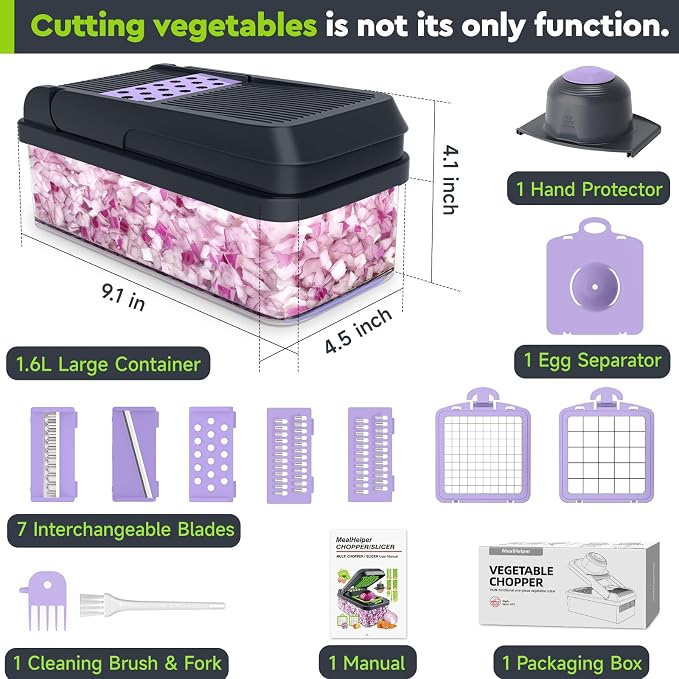 MealHelper 12-in-1 Vegetable Chopper, Food Veggie Chopper With Container | Kitchen Prep Tool, Cheese Grater, Home Essentials & Kitchen Gadgets, with Sharp Stainless Steel Blades(7 Blades, Purple)