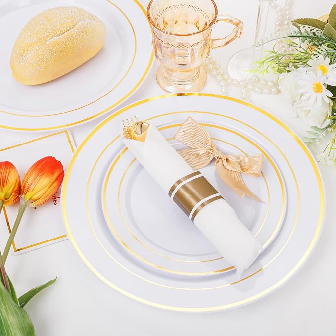 DaYammi 210PCS Gold Plastic Dinnerware Set Gold Plates Disposable Disposable Plates for Party Include: 30 Dinner Plates,30 Dessert Plates,30 Pre Rolled Napkins with Gold Silverware,30 Cups for Wedding