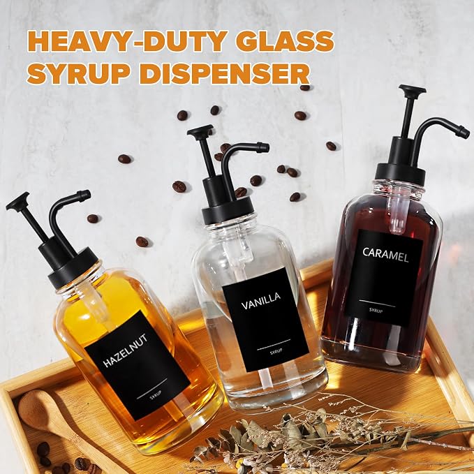 Syrup Dispenser for Coffee Bar, Glass Syrup Dispenser with Pump, 16.9 fl oz Honey Bottles, Labels, Spoons, Coffee Art Pen, 3 Pack