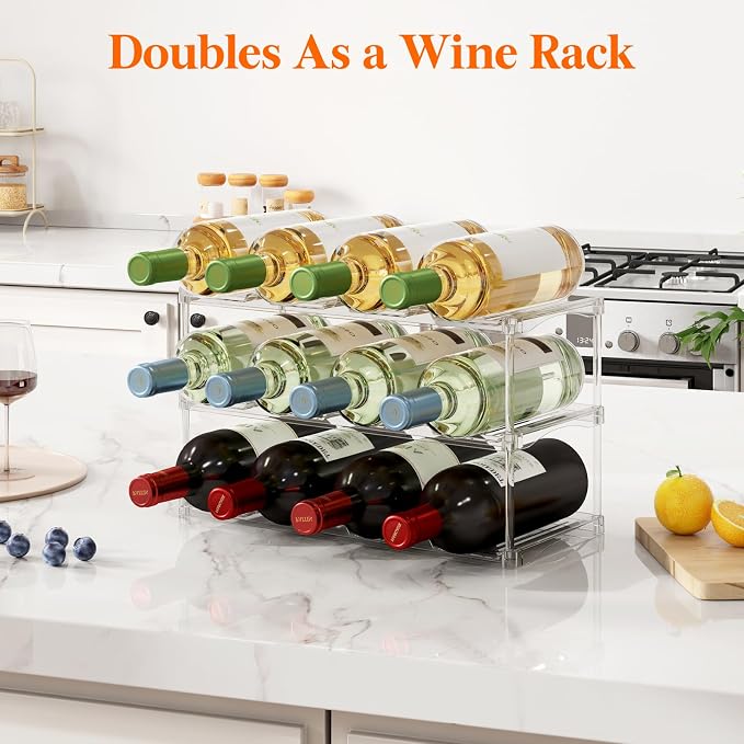 Lifewit Stackable Bottle Storage Organizer, Clear Freestanding Wine Holder for Cabinet, Large Slot Water Bottle Tumbler Cup Organizer for Pantry, Plastic Wine Rack for Fridge Cellar, 3Tier Hold 12