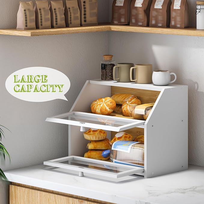 BMOSU Farmhouse Bread Box for Kitchen Countertop Bread box Double Layer Bamboo Wooden Extra Large Capacity Bin Kitchen Food Storage Container(White)