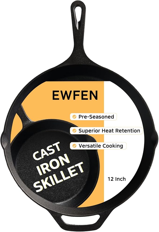 EWFEN Cast Iron Skillet 12 Inch, Pre-Seasoned Frying Pan, Heavy-Duty Professional Restaurant Chef Quality Cookware with Drip Spout, Indoor & Outdoor Use, Compatible with Oven, Stove, Grill & Campfire