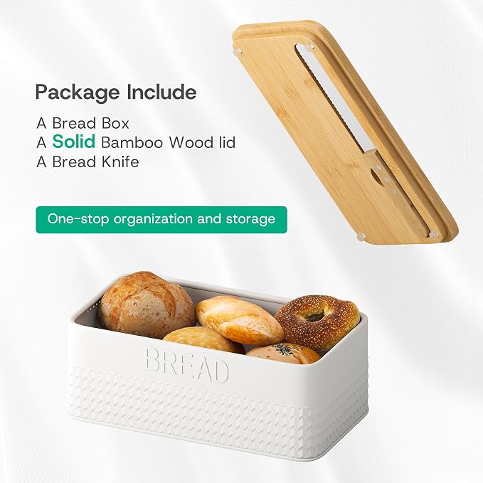 kiplant Bread Box for Kitchen Countertop, Large Bread Storage Container with Bamboo Lid, Iron Farmhouse Bread Box for Your House, White