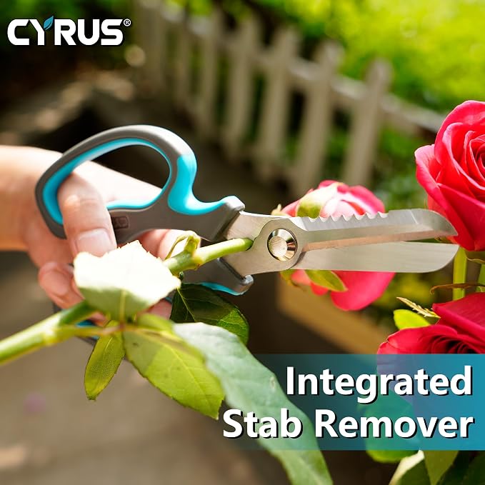 Blue Serrated Floral Scissors Garden Shears with Integrated Stab Remover | Anti-Slip Ergonomic Grips Florist Cutters, Sharp Serrated Blades, Lightweight For Rose Trimming And Floral Arrangement