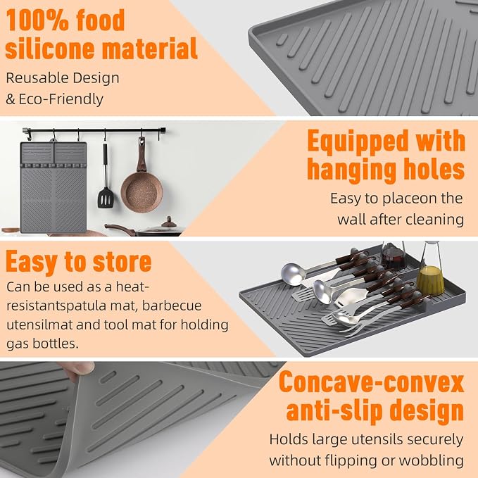 Silicone Grill Mat Compatible with Blackstone, Grey | Silicone Griddle Tools Mat with Drip Pad, Spatula Mat, For Outdoor Grill Kitchen Counter