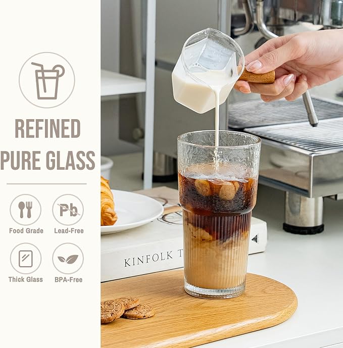 SoulTimes 20oz Wave Ribbed & Wavy Glass Tumbler with Lid and Straw – Iced Coffee Glasses Cups for Smoothie, Matcha, Juice, Water etc. Leakproof and Reusable Glassware Drinking for Travel To Go [4 Pcs]